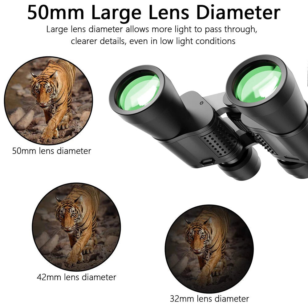 Black binoculars with green-tinted lenses shown on a white background, with text reading '50mm Large Lens Diameter' and three circular sample images of a tiger demonstrating magnification at 50mm, 42mm, and 32mm lens diameters.