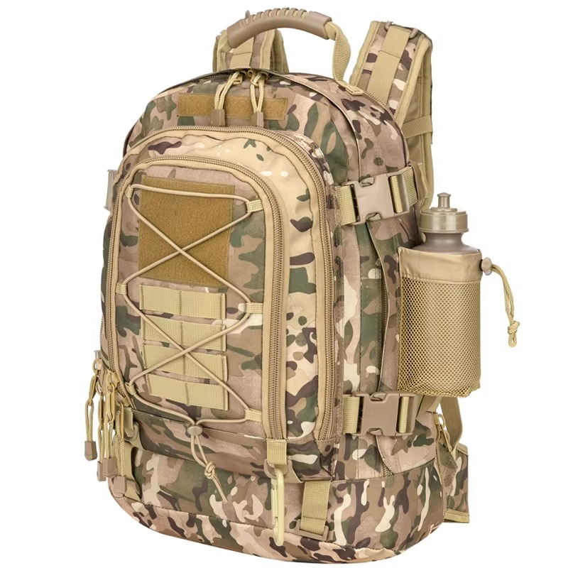 Camouflage backpack with water bottle holder on a white background
