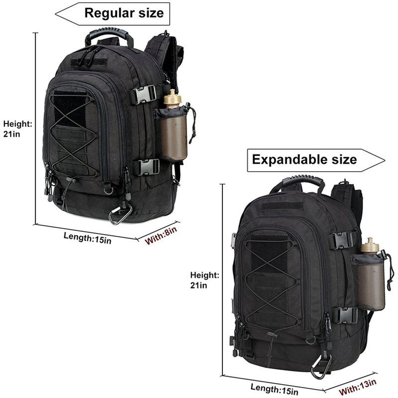 60L tactical backpack showing regular and expandable size dimensions