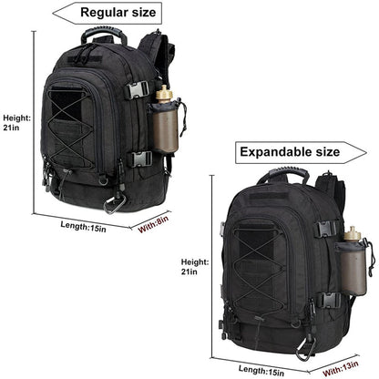 60L tactical backpack showing regular and expandable size dimensions