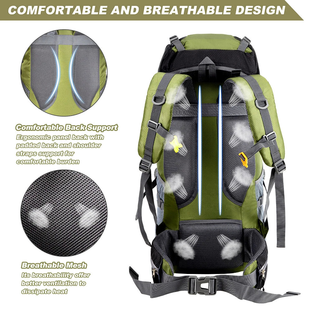 Green hiking backpack with text highlighting comfortable design features on a white background