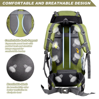 Green hiking backpack with text highlighting comfortable design features on a white background