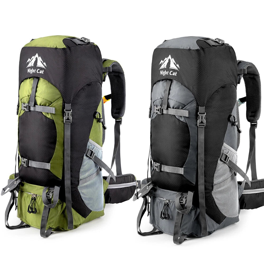 Two hiking backpacks shown side by side on a white background. The left backpack is olive green and black, and the right backpack is dark gray and black.