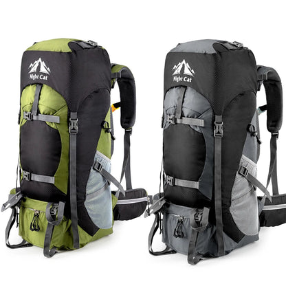 Two hiking backpacks shown side by side on a white background. The left backpack is olive green and black, and the right backpack is dark gray and black.