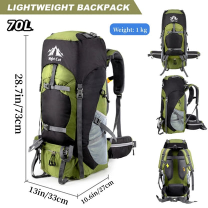 Lightweight 70L hiking backpack shown in multiple angles with dimension labels and a weight badge. The backpack is olive green and black with gray mesh side pockets and white Night Cat branding.