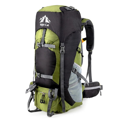 Green and black hiking backpack with 'Night Cat' branding on a white background