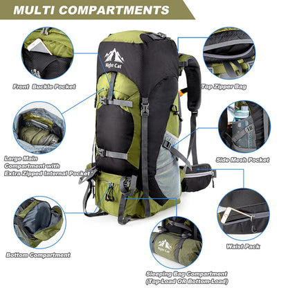 An olive green and black multi-compartment hiking backpack shown on a white background with callout circles and labels pointing to different pockets and compartments, including front buckle pocket, top zipper bag, large main compartment, side mesh pocket, waist pack, bottom compartment, sleeping bag compartment, and a small bottle holder area.
