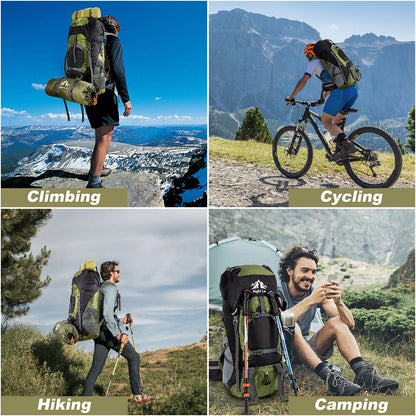 A four-panel collage showing a large hiking backpack in use outdoors: a hiker on a mountain ridge labeled 'Climbing,' a cyclist on a trail labeled 'Cycling,' a hiker on a grassy mountain path labeled 'Hiking,' and a seated man with the backpack beside him labeled 'Camping.' The product is the backpack, but the image is clearly lifestyle because people and real outdoor environments are present.