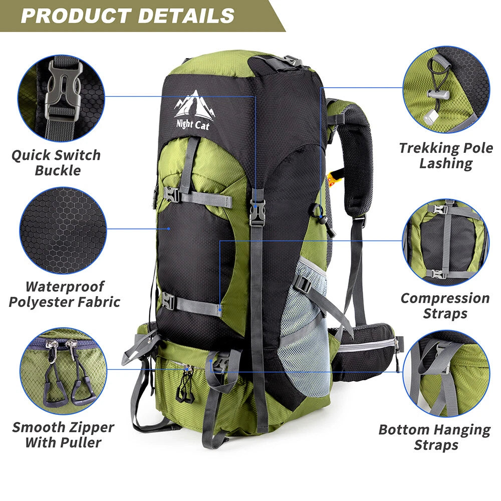 Green and black hiking backpack with feature icons on a white background