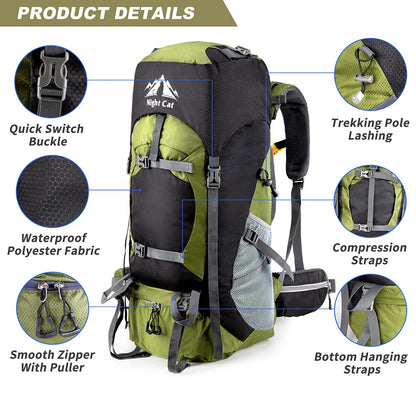 Green and black hiking backpack with feature icons on a white background