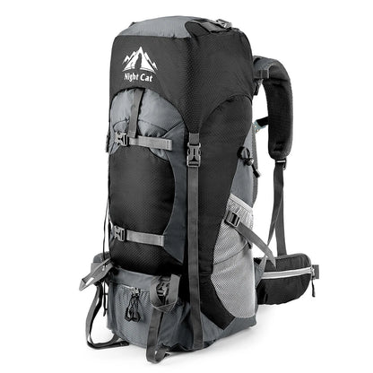 Black and gray hiking backpack with 'Night Cat' branding on a white background