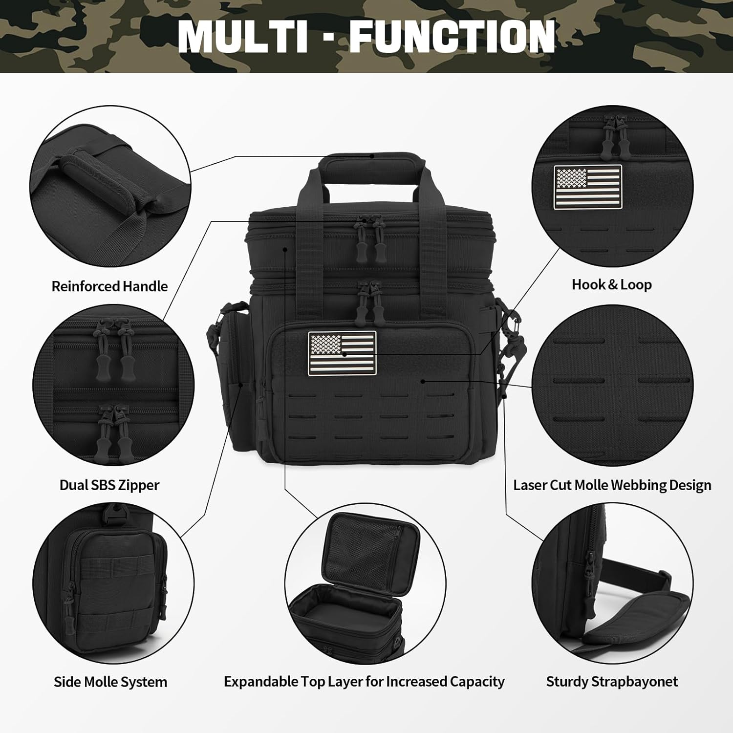 Black tactical bag with features highlighted on a white background