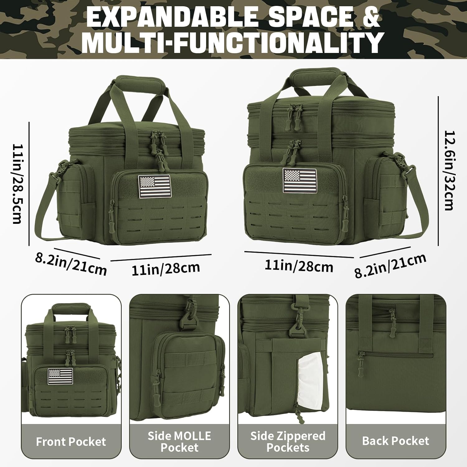 Green tactical bag with multiple pockets and expandable space, featuring dimensions and flag patch.