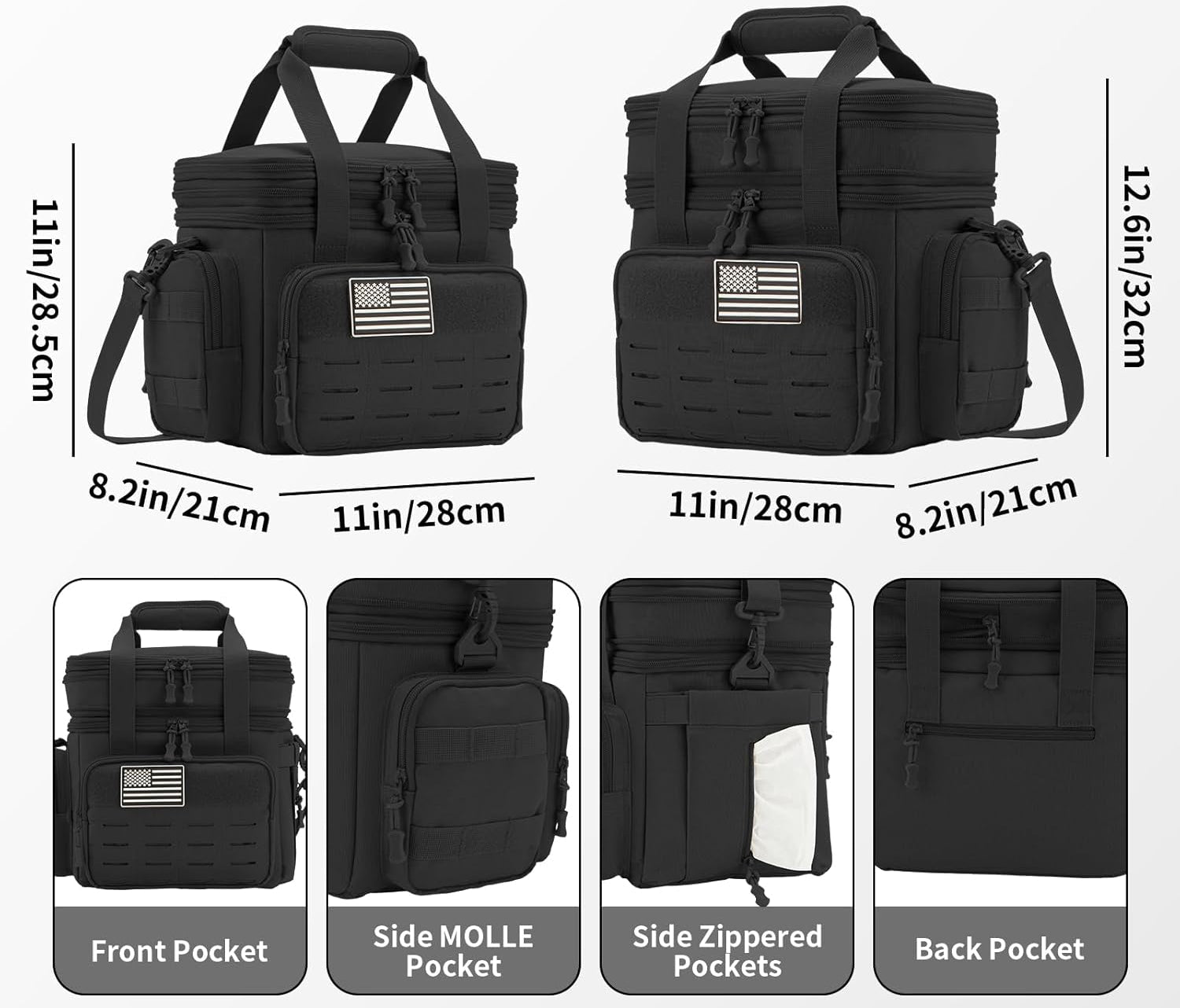 Black tactical bag with various compartments and an American flag patch, shown with measurements and feature highlights.