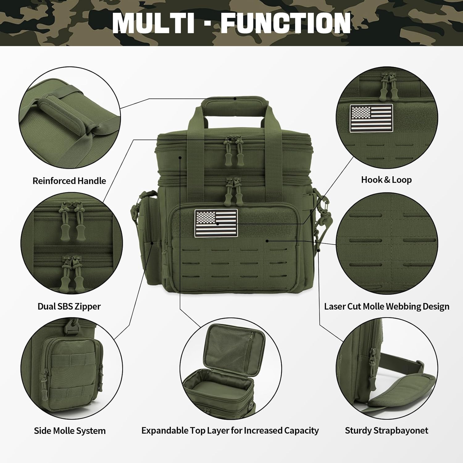 Green tactical bag with features highlighted on a camouflage background