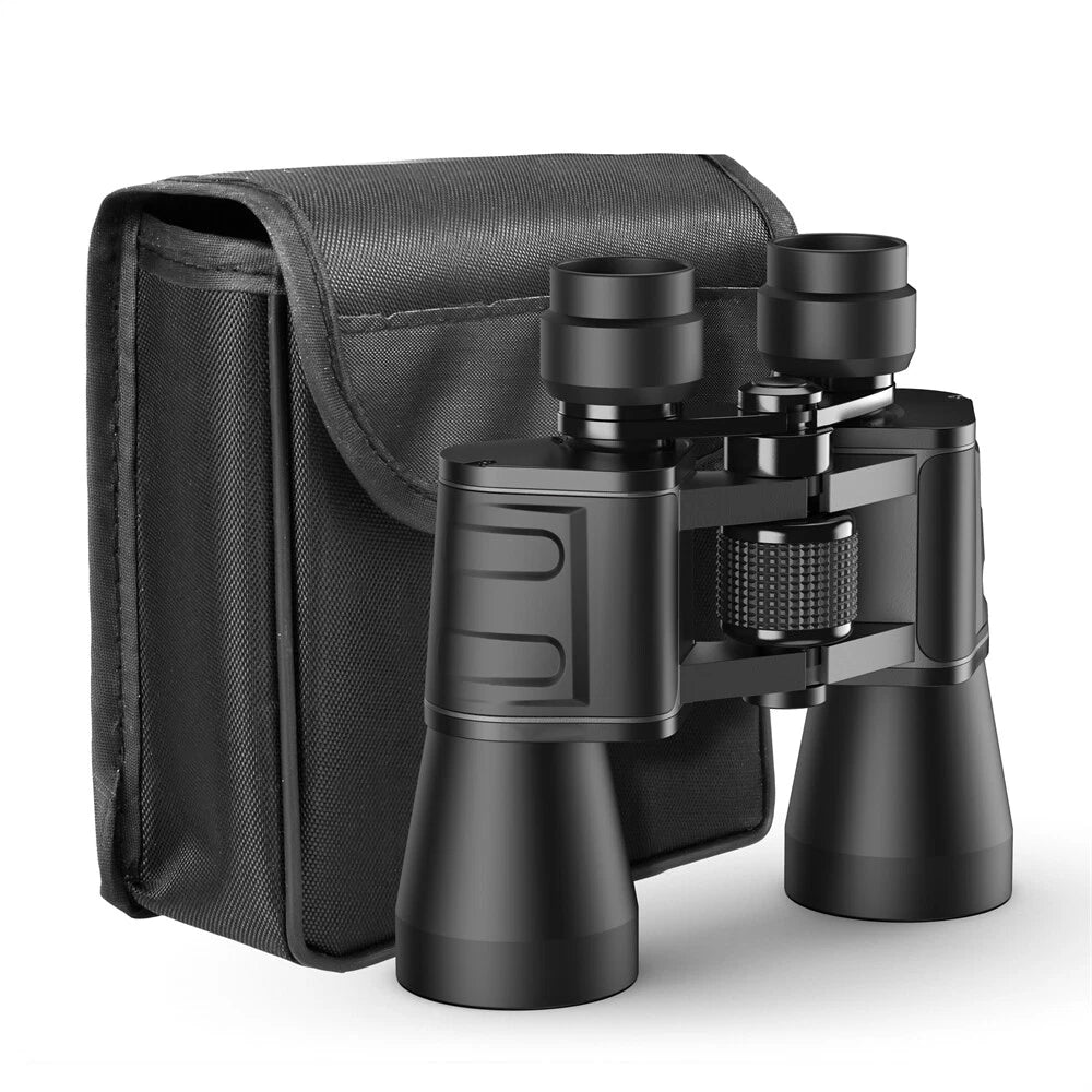 Black binoculars with a carrying case on a white background