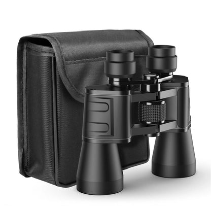 Black binoculars with a carrying case on a white background