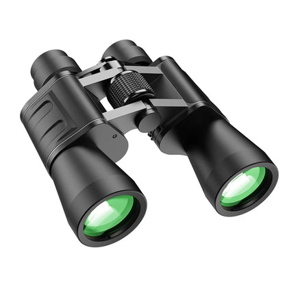 Black binoculars with green lenses on a white background