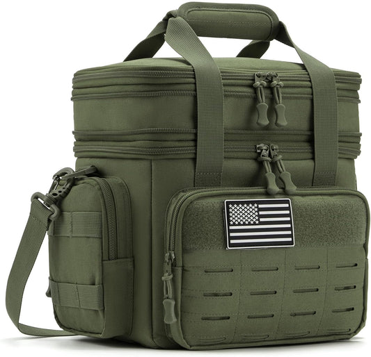 Green tactical bag with American flag patch on a white background