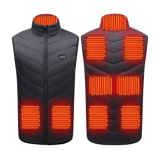 Black heated vest with glowing orange heating elements on a white background
