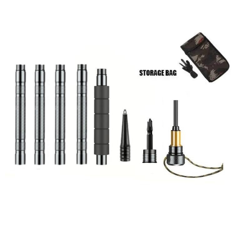 Set of metal tools with a storage bag on a white background