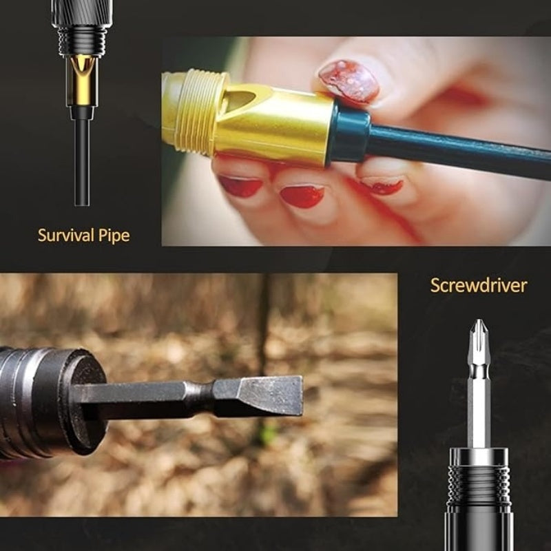 Collage of a survival pipe and screwdriver with close-up details.