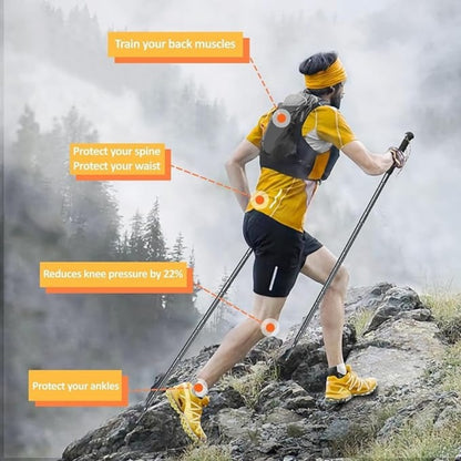 Person hiking on a mountain with text highlighting benefits of using hiking poles.