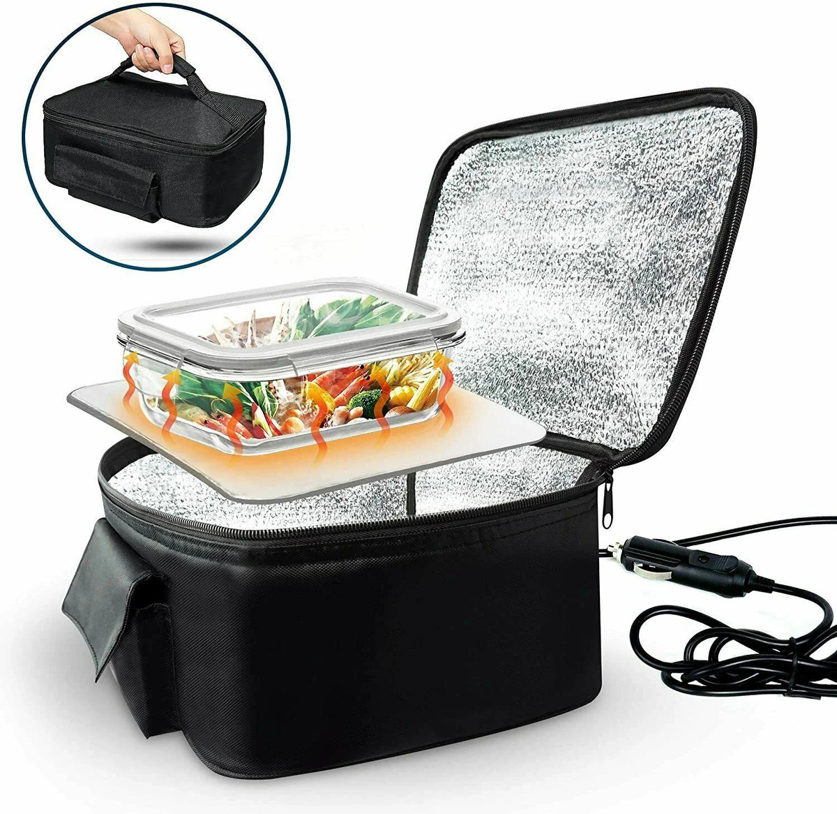 Black electric hot air oven bag with a transparent lid, silver reflective lining, and a power cord, shown open with a glass food container placed inside. A circular inset at the top left shows a hand holding the bag.