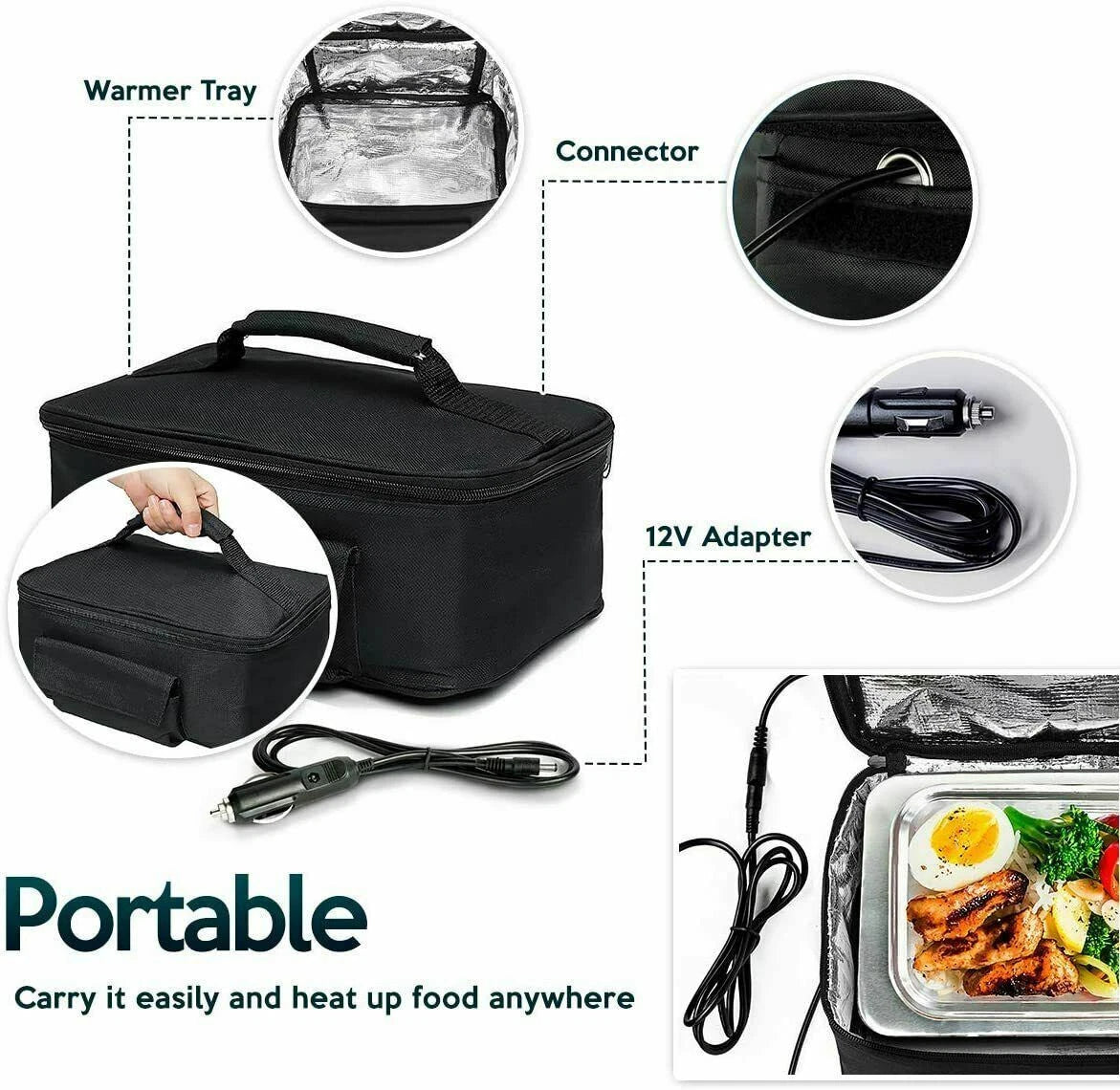 Black insulated cooler bag with handle and included accessories shown on a white background: a warmer tray insert, connector, 12V adapter cable, and an open cooler containing food. Text labels identify the warmer tray, connector, and 12V adapter.