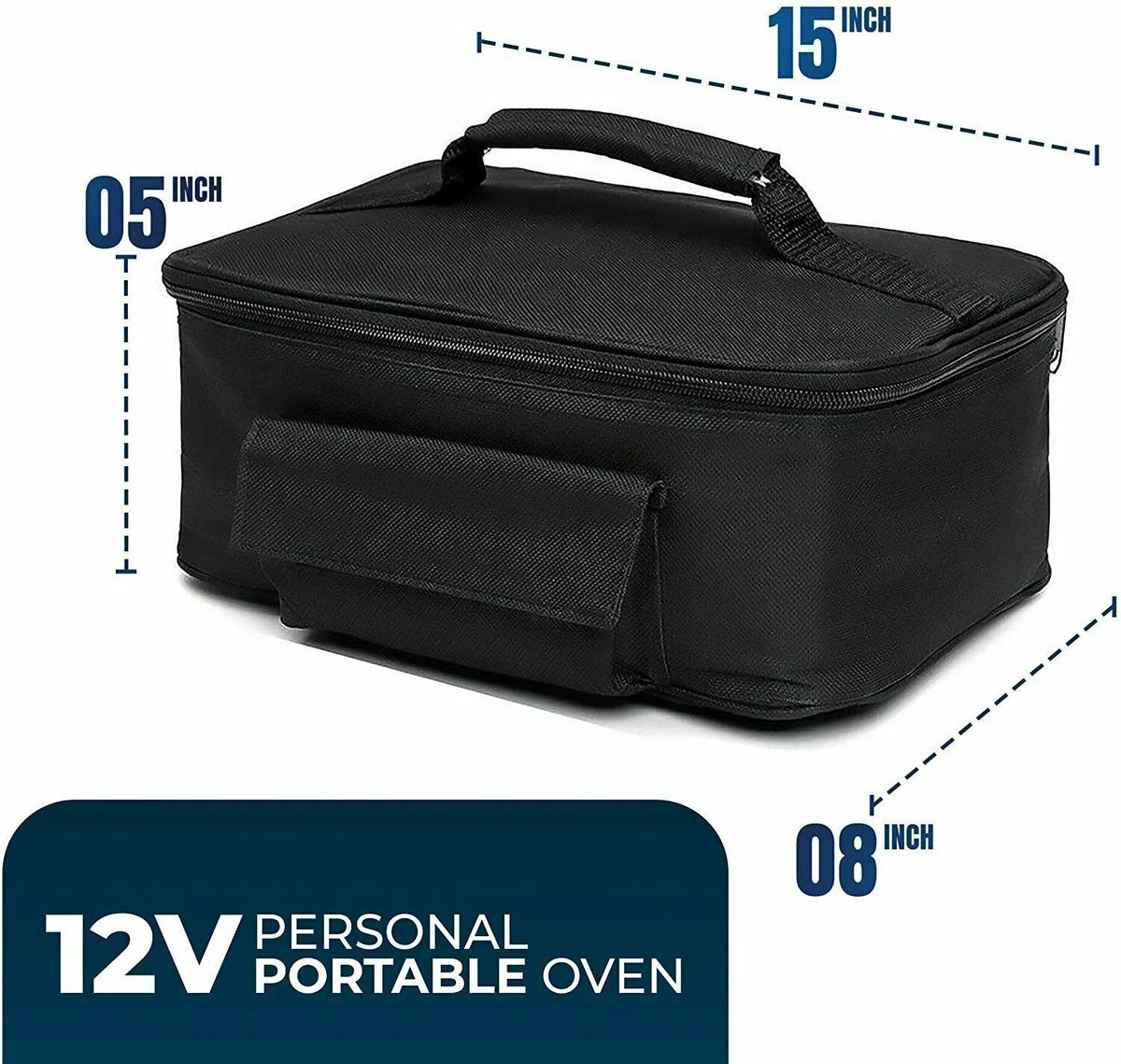 Black portable 12V personal oven bag with dimension annotations showing 15 inch length, 8 inch width, and 5 inch height, on a white background with a dark blue label at the bottom.