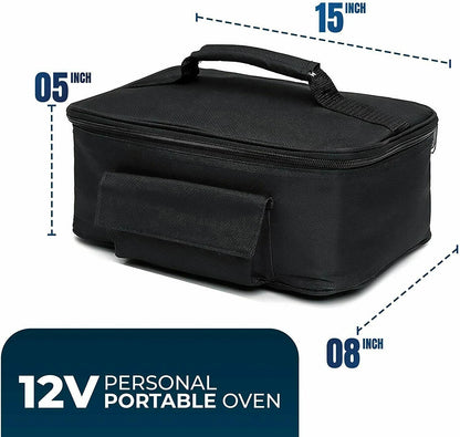 Black portable 12V personal oven bag with dimension annotations showing 15 inch length, 8 inch width, and 5 inch height, on a white background with a dark blue label at the bottom.
