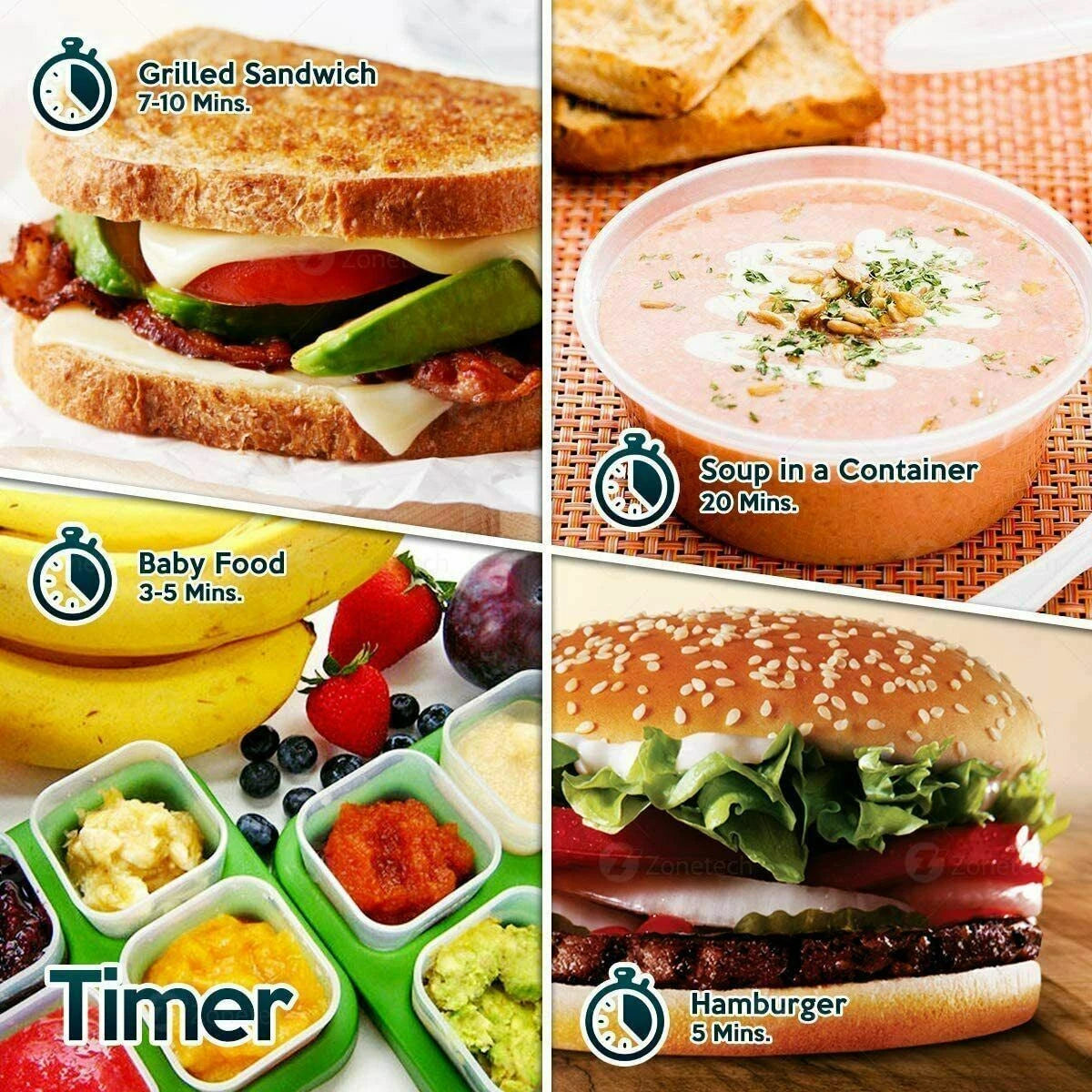 Collage of food items with cooking time indicators, including a grilled sandwich, soup, baby food, and hamburger.
