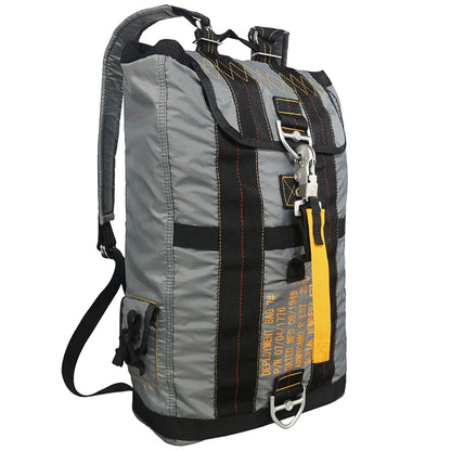 Gray backpack with black straps and yellow accents on a white background