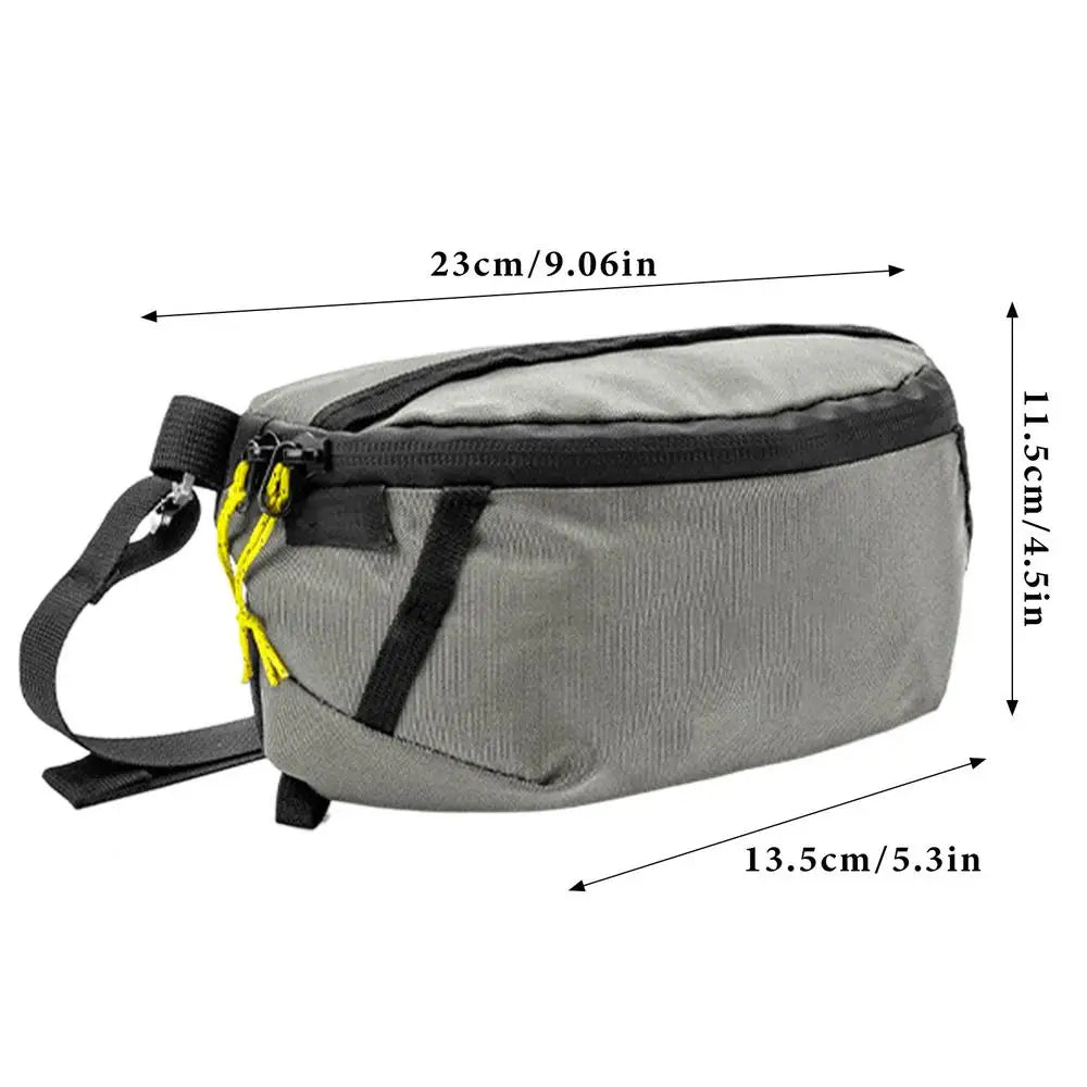 Gray waist bag with measurements on a white background