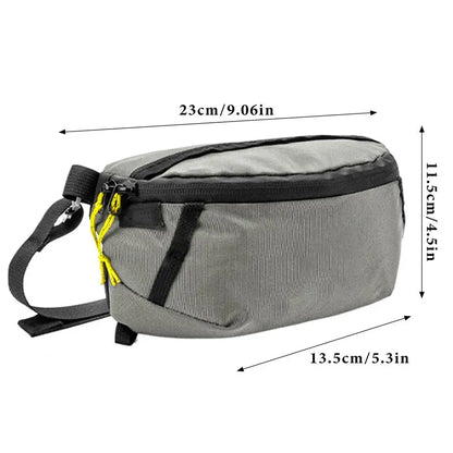 Gray waist bag with measurements on a white background