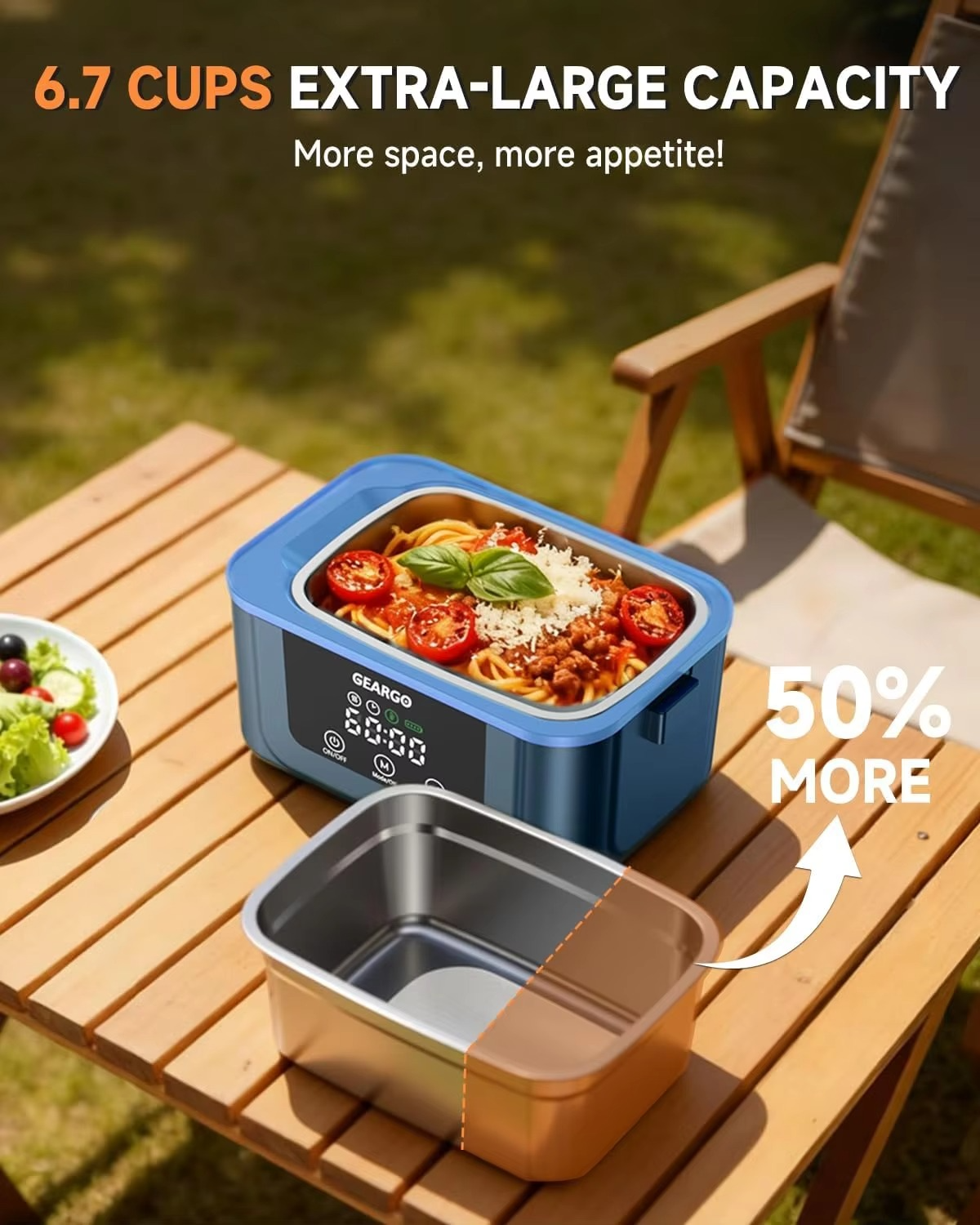 Portable electric lunch box with food on a wooden table outdoors