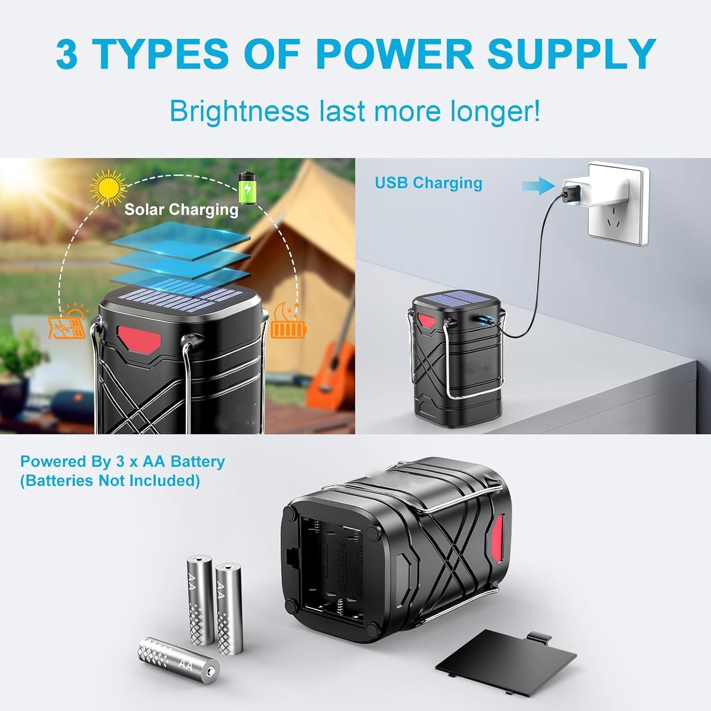 LED Camping Lights 4-Pack - Rechargeable Solar/Battery, USB, 3 Modes