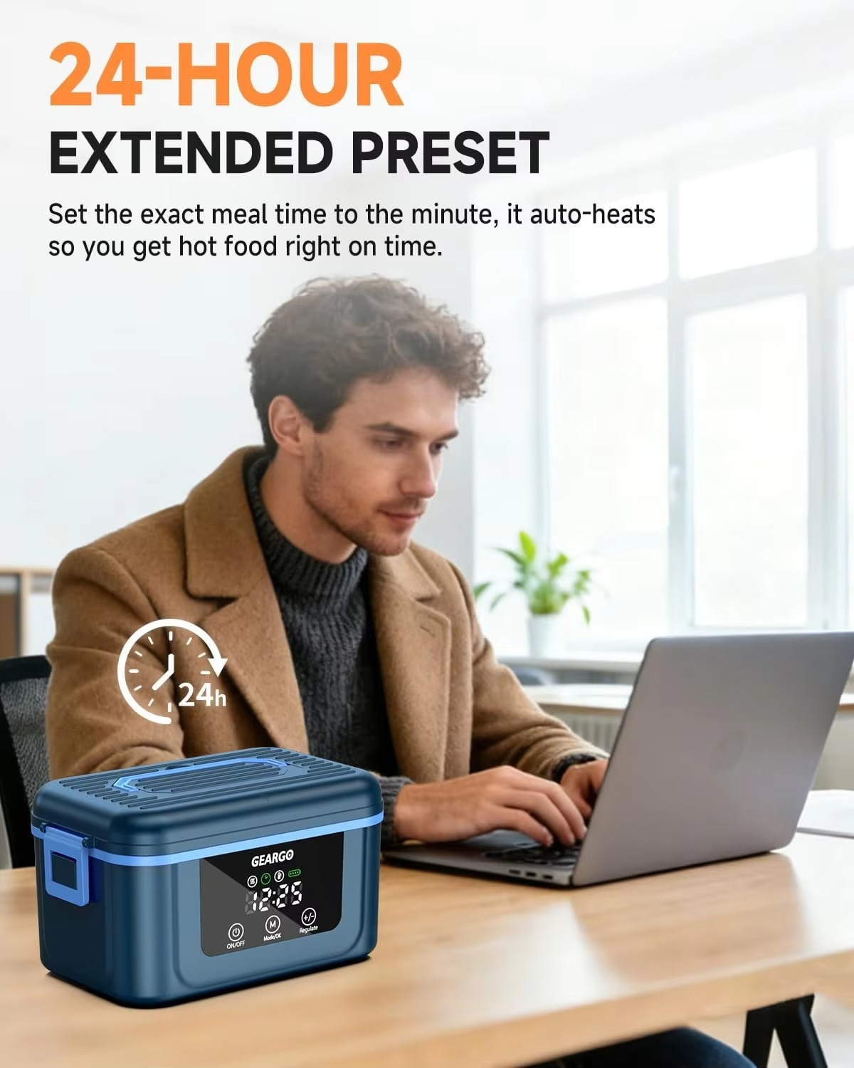 Person using a laptop with a blue and black food warmer on a desk, set against a bright room.
