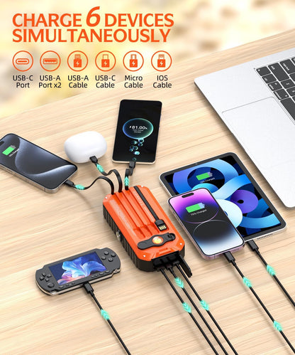 Orange charging hub with multiple cables connected to devices on a wooden surface