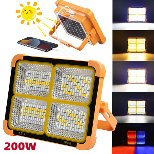 200W LED solar flood light with multiple light modes and smartphone charging feature.