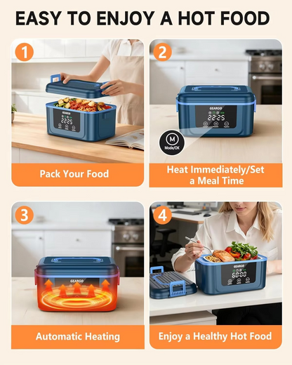 Step-by-step guide on using a hot food container with digital display.