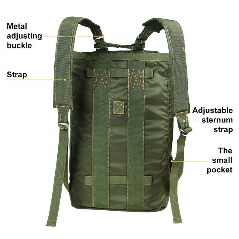 Green backpack with labeled features on a white background