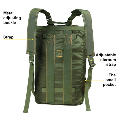 Green backpack with labeled features on a white background