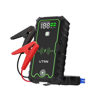 Black and green jump starter with digital display on a white background