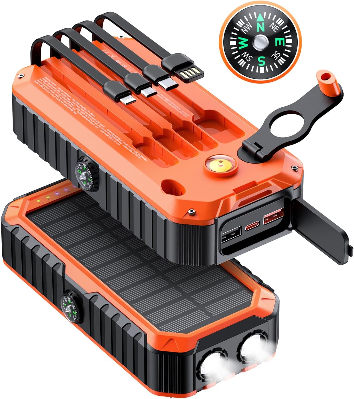 Orange and black multi-tool with solar panel, compass, and LED lights on a white background