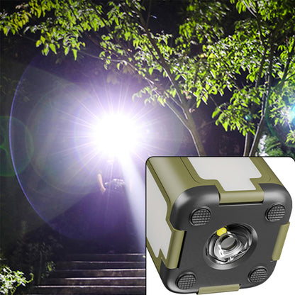 Flashlight illuminating a dark area with trees in the background, inset with a close-up of the flashlight.