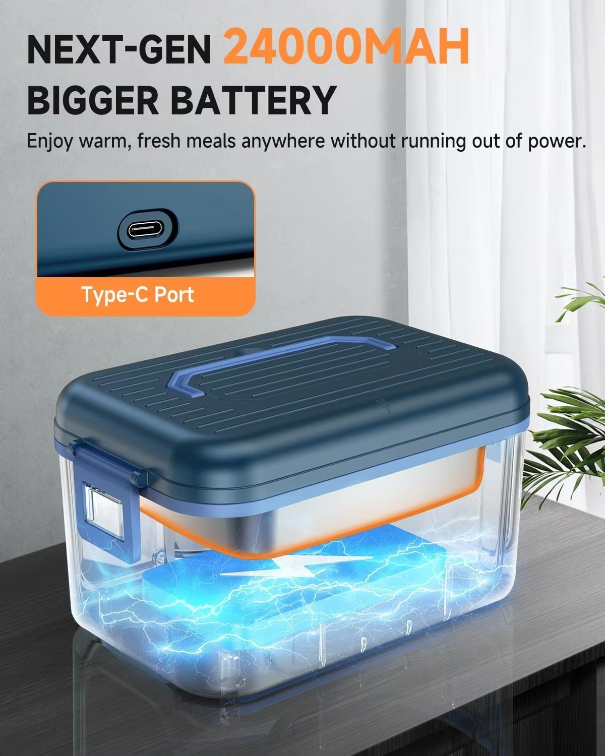 Portable food warmer with 24000mAh battery and Type-C port on a table.