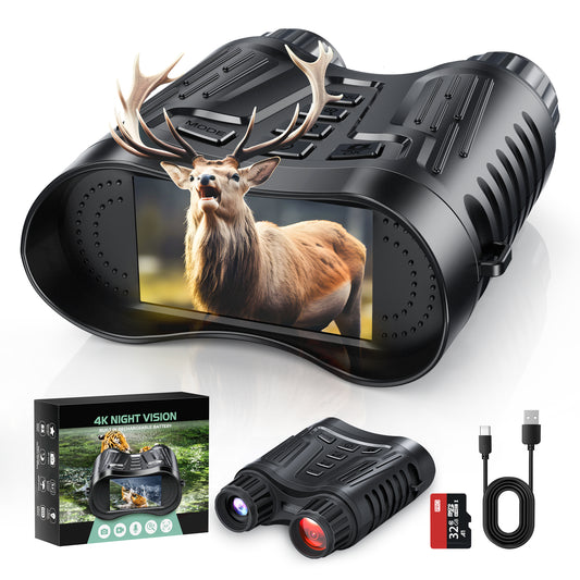 Black night vision device with deer image on screen, packaging, and accessories on a white background