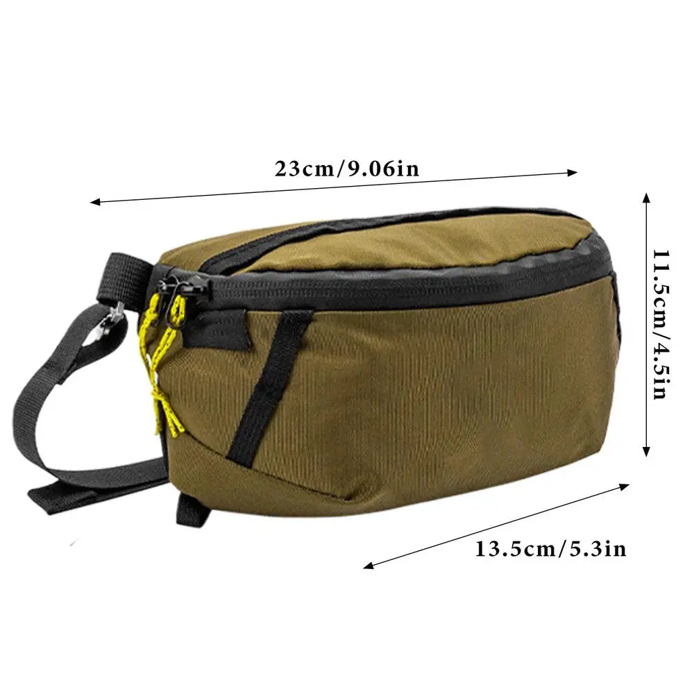 Brown waist bag with measurements on a white background