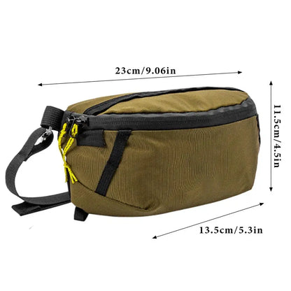 Brown waist bag with measurements on a white background